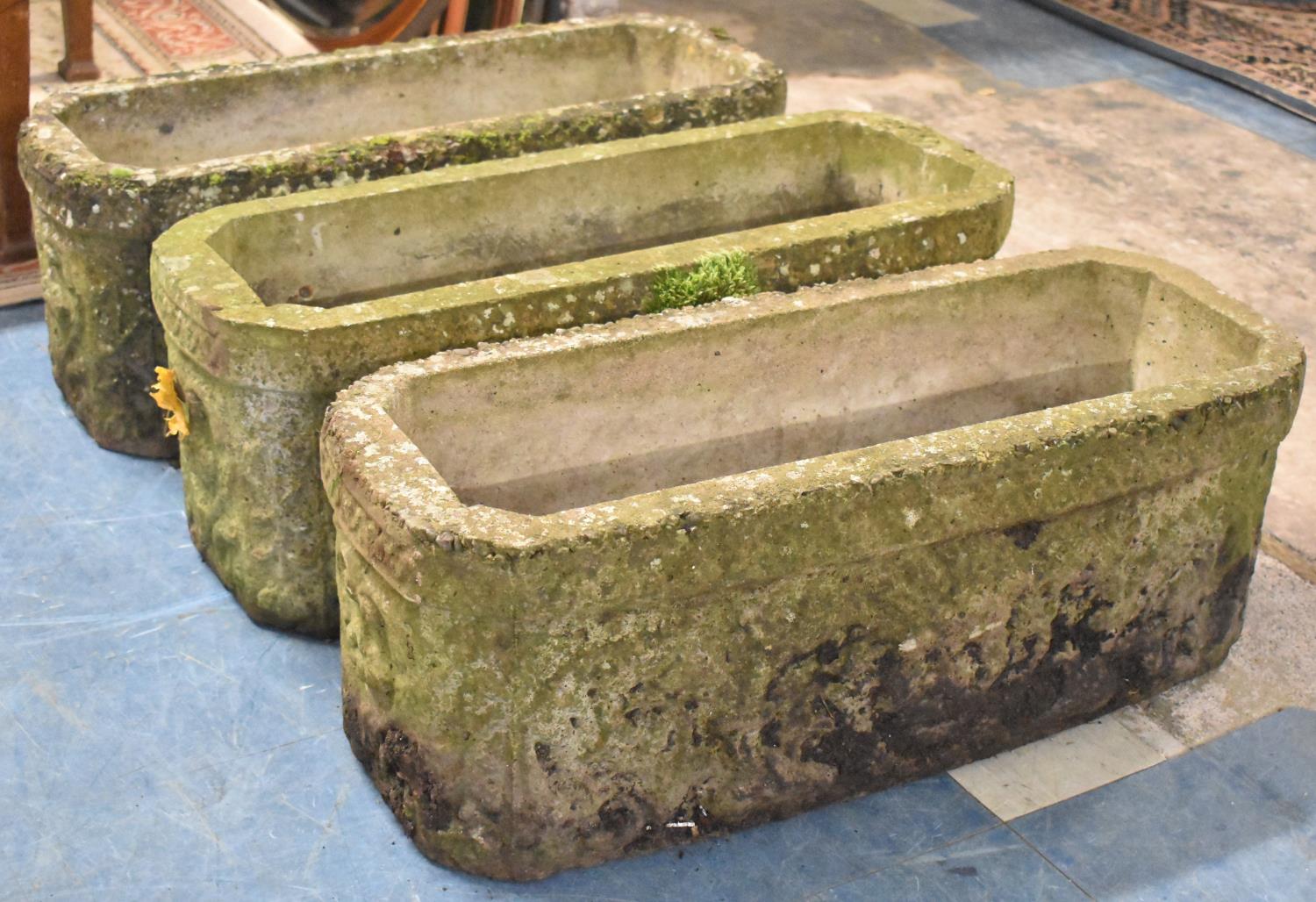 A Set of Three Reconstituted Stone Rectangular Garden Planters with Moulded Decoration, Each 71cm