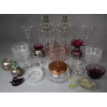 A Tray of Coloured and Plain Glassware to include Vases, Jugs, Basket, Candlesticks, Bowls, Scent