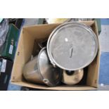 A Box Containing Stainless Steel Bucket, Kitchen Wares, Glasswares etc
