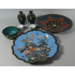 A Collection Oriental Cloisonne to Include Pair of Vases, Two Chargers, Bowl, Together with a