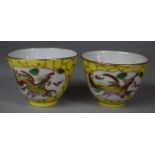 A Pair of Mid 20th Century Chinese Porcelain Tea Bowls Decorated Dragon and Phoenix on Yellow