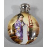 A Small Silver Topped Porcelain Circular Scent Flask Decorated with Oriental Maiden, Birmingham