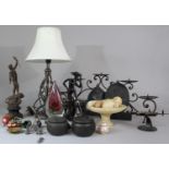 A Tray of Sundries to include French Spelter Figure, Wrought Iron Five Candle Stand, Model of