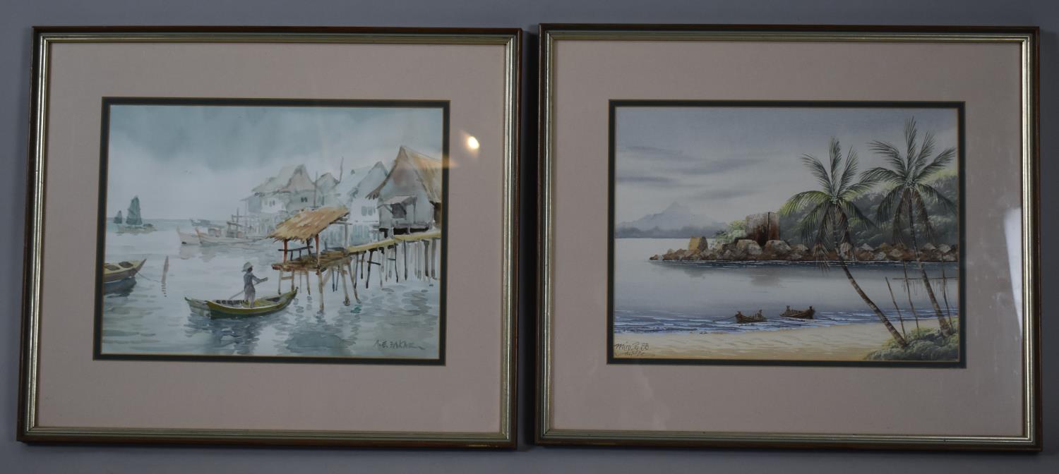 A Pair of Far Eastern Souvenir Watercolours Depicting Beach Scene and Village on Stilts, 35cm wide