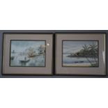 A Pair of Far Eastern Souvenir Watercolours Depicting Beach Scene and Village on Stilts, 35cm wide