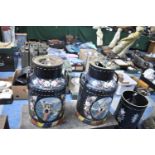 Two Bargeware Painted Milk Churns and Four Meerkat Garden Ornaments