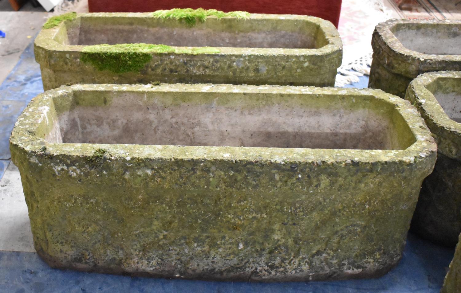 A Pair of Reconstituted Rectangular Stone Garden Planters with Moulded Decoration, 71 cm wide