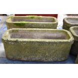 A Pair of Reconstituted Rectangular Stone Garden Planters with Moulded Decoration, 71 cm wide