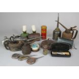 A Collection of Vintage Oil Cans, Oil Lamps, Tape Measure, Micrometer Screw Etc