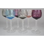 A Set of Six Coloured and Etched Hock Glasses with Air Twist Stems