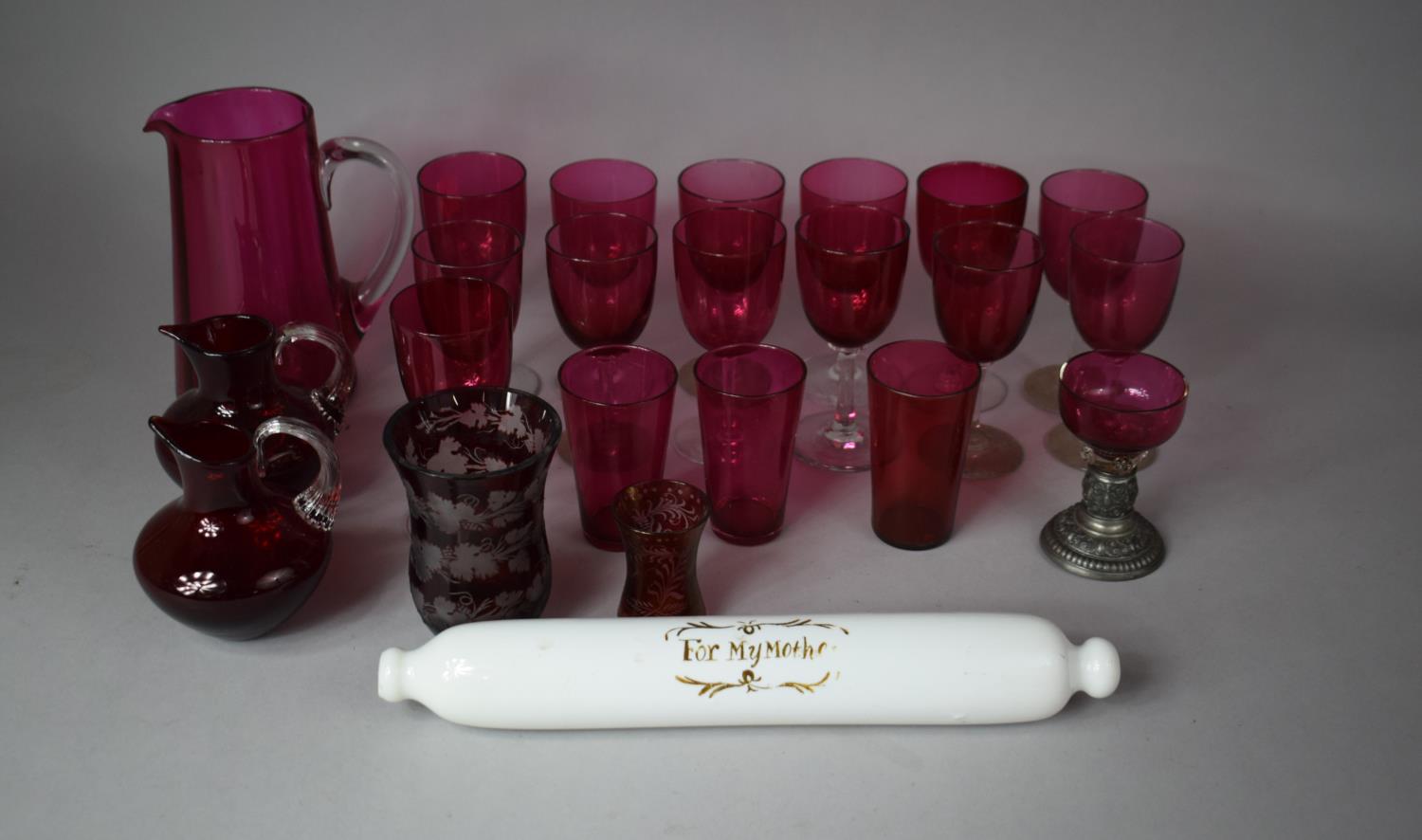 A Collection of 19th Century and Later Glassware to include Primarily Cranberry Glass Sherries, Jug,