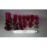 A Collection of 19th Century and Later Glassware to include Primarily Cranberry Glass Sherries, Jug,