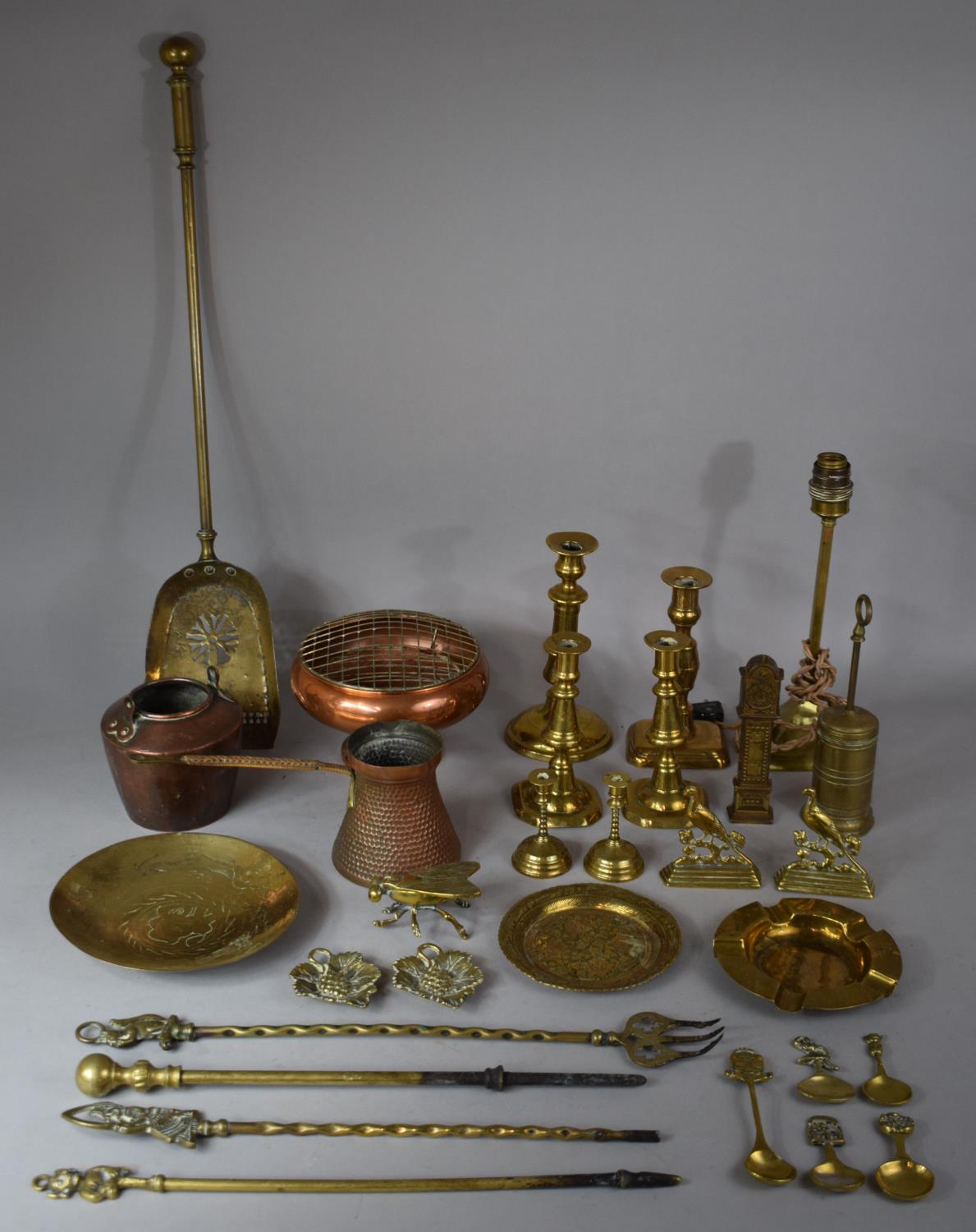 A Collection of Various Brass and Copper Wares to include Brass Candlesticks, Fire Irons, Fireside