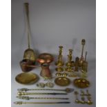 A Collection of Various Brass and Copper Wares to include Brass Candlesticks, Fire Irons, Fireside