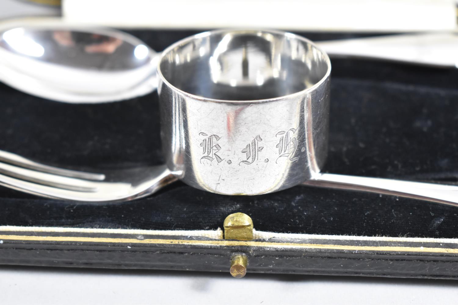 A Cased Silver Christening Set Comparing Forks, Spoon and Napkin Ring, All Monogrammed, Sheffield - Image 4 of 4