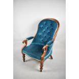 A Late Victorian Mahogany Framed Scroll Arm Buttoned Upholstered Ladies Armchair