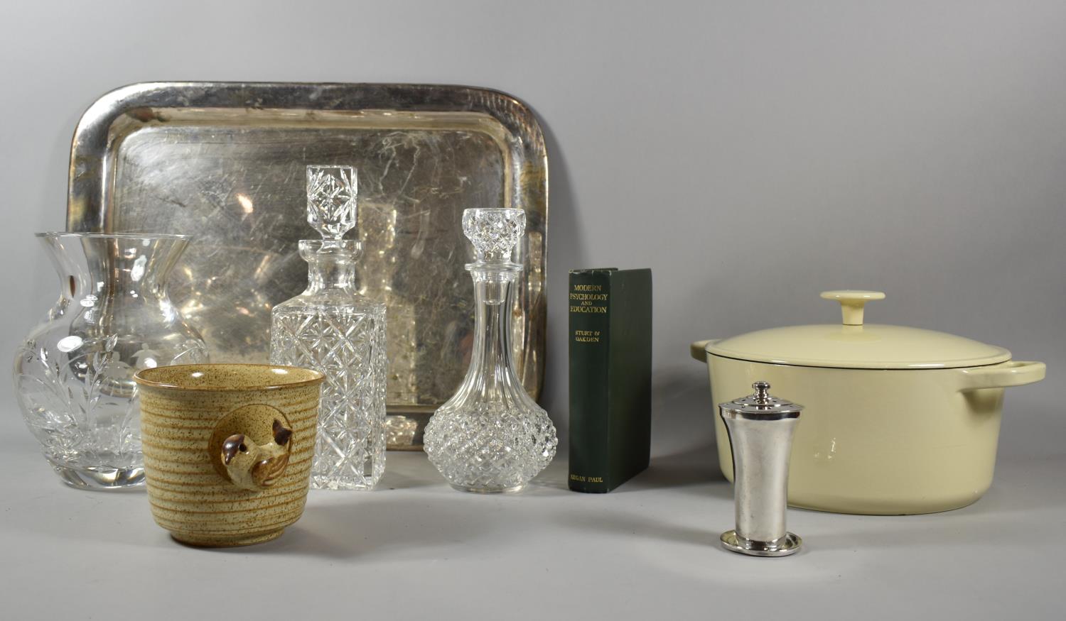 A Collection of Sundries to Include Enamelled Lidded Cooking Pan, Plated Sugar Sifter, Two