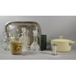 A Collection of Sundries to Include Enamelled Lidded Cooking Pan, Plated Sugar Sifter, Two