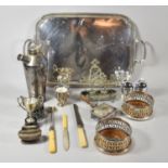 An Edwardian Silver Plated Two Handled Tray Containing Pair of Silver Plated Pierced Wine Bottle