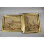 A Pair of 19th Century Oriental Water Colours Depicting Boats on Lake and Fisherman Beneath