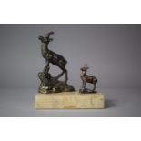 A Small French Desk Top Paperweight in the Form of Chamois Stag on Rock with Young, Marble Plinth,