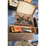 A Vintage Suitcase Containing Various Woodworking Tools and Box of Saws