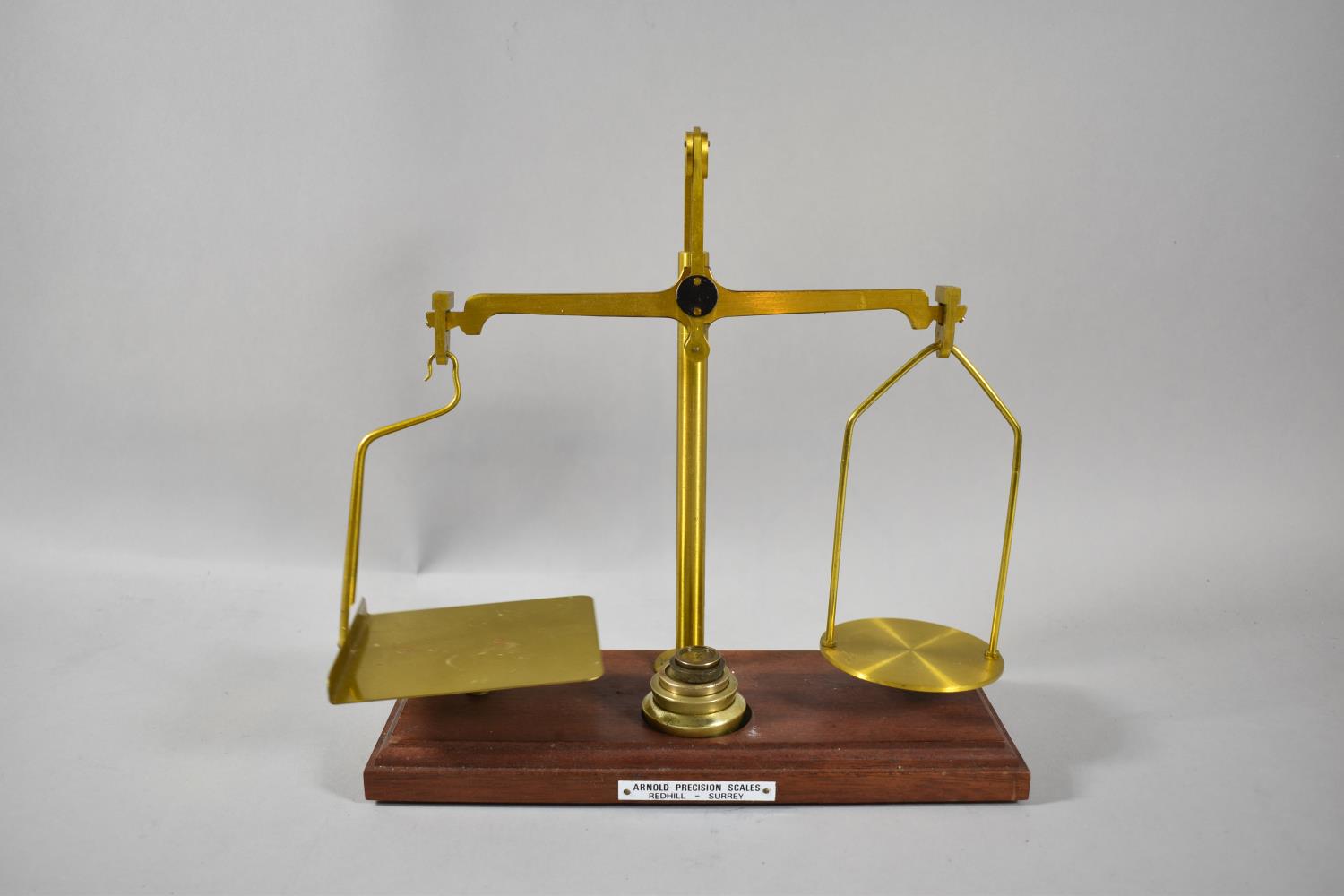 A Set of Scientific Pan Scales In Brass On Mahogany Plinth Base with Set of Graduated Weights by