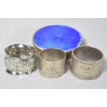 Three Various Silver Napkin Rings and Silver and Enamelled Hairbrush (AF)