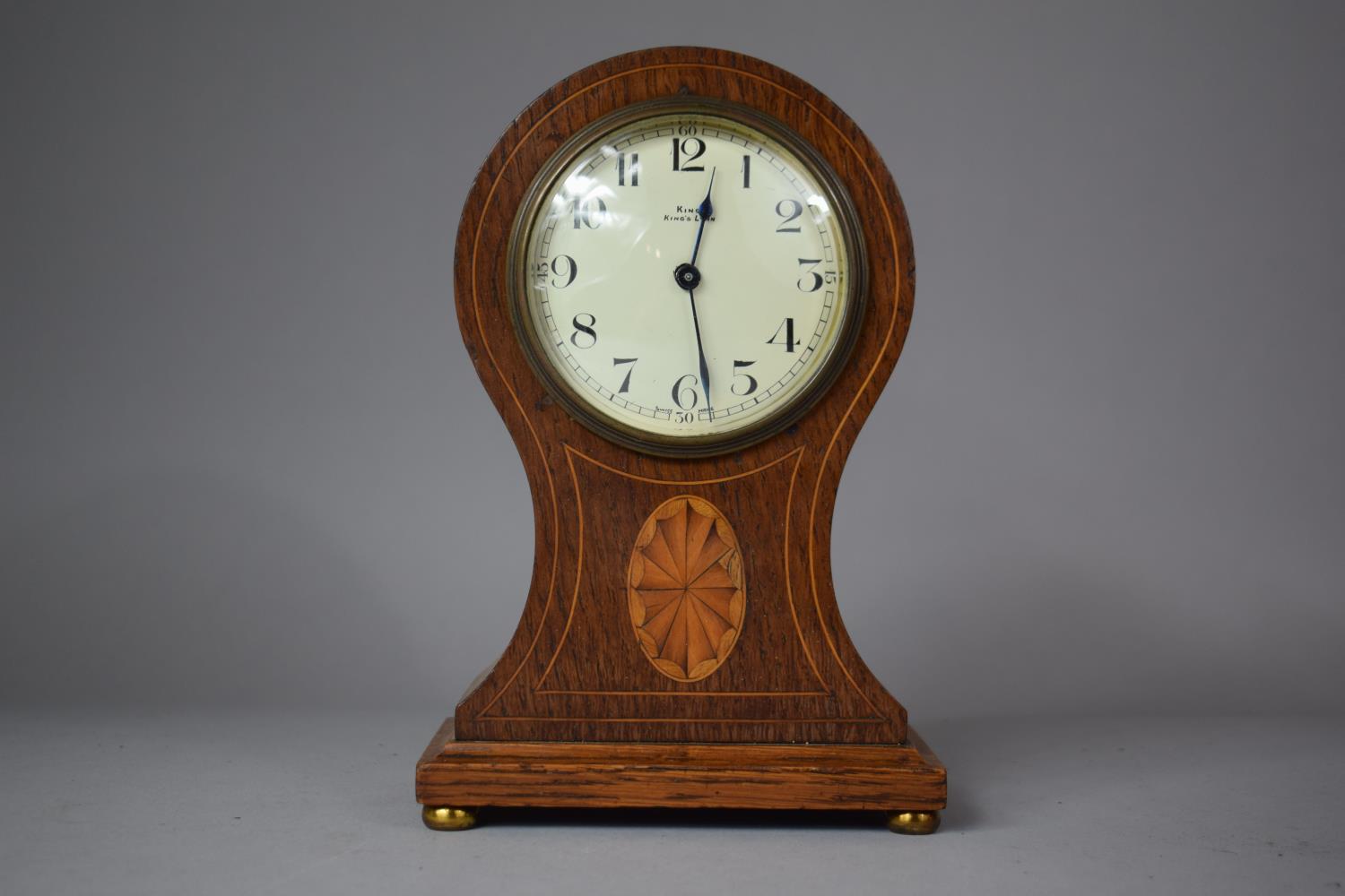 An Edwardian Inlaid Oak Balloon Shaped Mantle Clock with Replacement Battery Movement, 21cm high