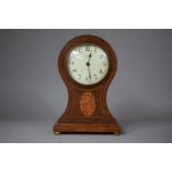 An Edwardian Inlaid Oak Balloon Shaped Mantle Clock with Replacement Battery Movement, 21cm high