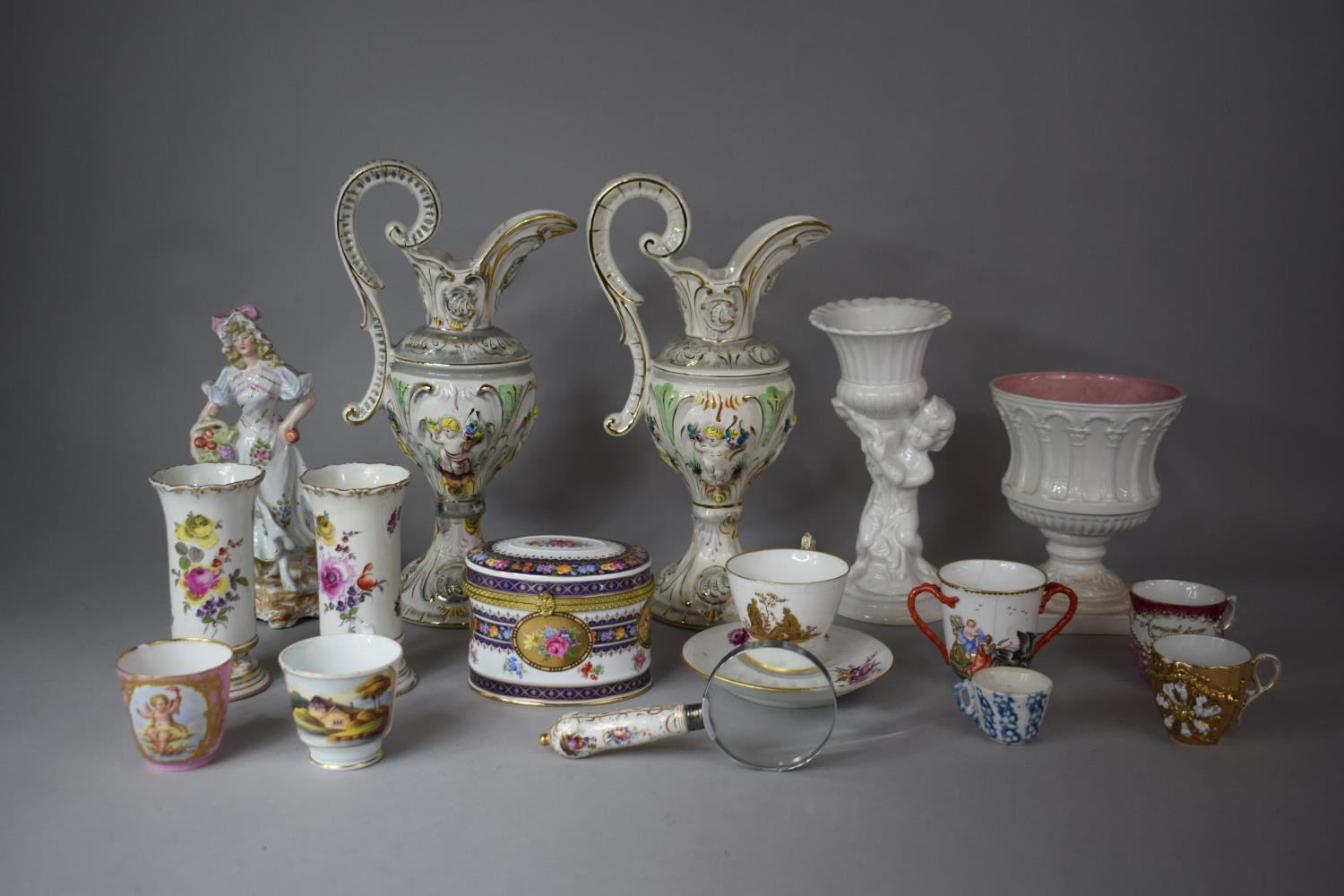 A Collection of Various Continental Ceramics to include Large Pair of Capodimonte Ewers, 19th