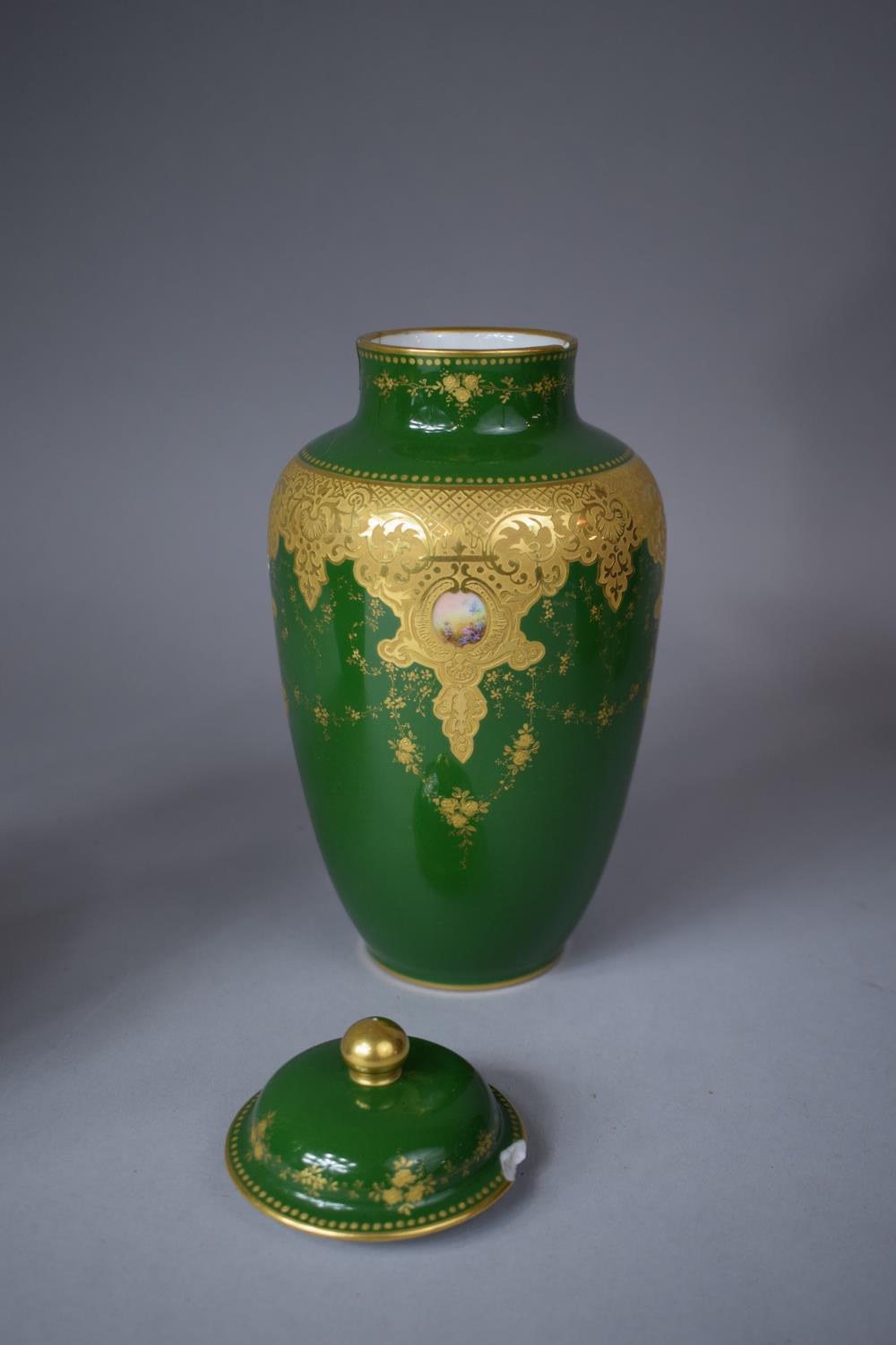 A Pair of French Limoges Gilt Decorated Green Glazed Lidded Vases, 20.5cm high, One with Chip to Rim - Image 8 of 11