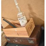 A Vintage Wine Box, Vintage Suitcases, Bells 4.5lt Bottle etc