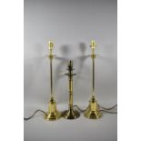 A Pair of Brass Table Lamps, 50cm high and a Single Example, 37cm high