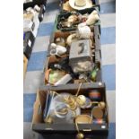 Four Boxes of Sundries to Include Ceramics, Metalwares, Film Projector, Shoe Last, Cheese Dish,