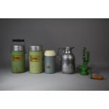 A Collection of Four Vintage Thermos and other Flasks and Enamelled Mincer