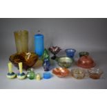 A Collection of Various Coloured Glassware to include Large Acid Etched Amber Glass Vase, Blue Glass