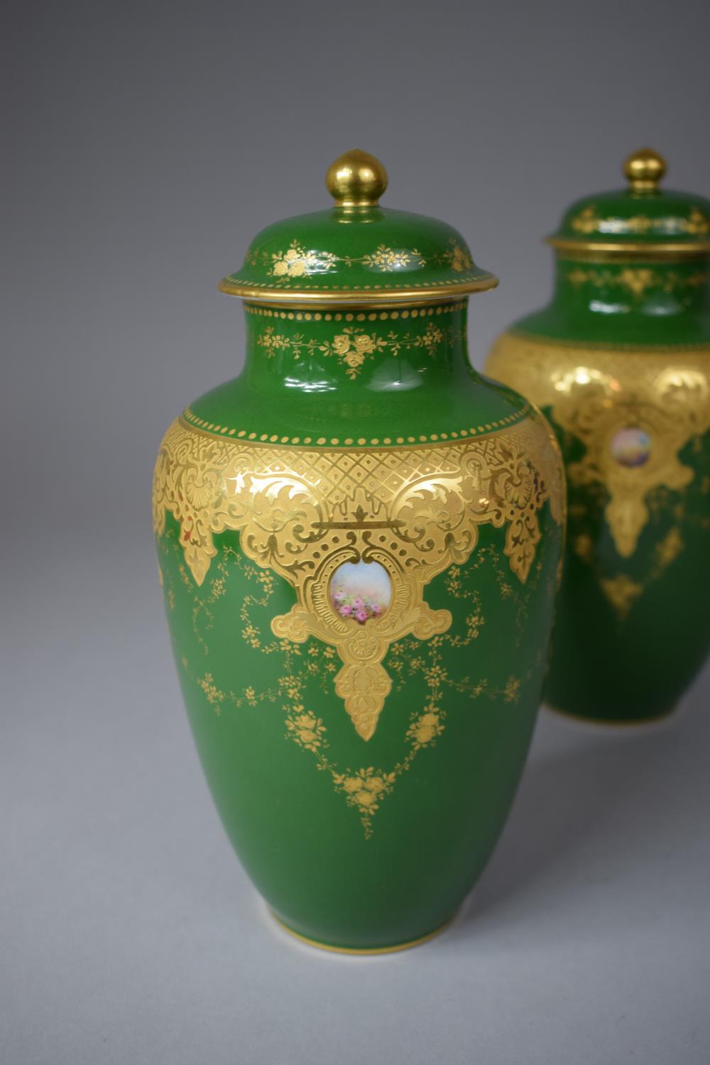 A Pair of French Limoges Gilt Decorated Green Glazed Lidded Vases, 20.5cm high, One with Chip to Rim - Image 3 of 11