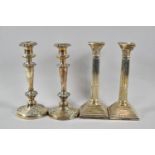 A Pair of Silver Plated Corinthian Column Candlesticks on Stepped Square Bases, 25.5cm high,