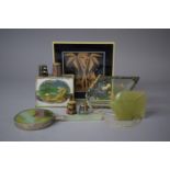 A Collection of Oriental Curios to Include Rickshaw Diorama, Palm Tree Diorama, Jadeite Fish,