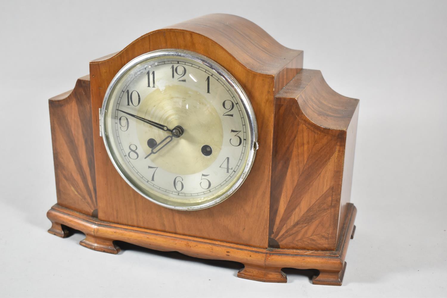 An Art Deco Walnut Mantle Clock with Sunburst Inlay, 33cm wide