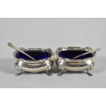 A Pair of Silver Salts with Blue Glass Liners and Unrelated Spoons, Birmingham 1949