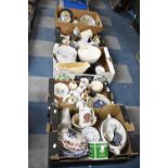 Five Boxes of Ceramics to Include Decorated Plates, Candlesticks, Children's China, Vases,