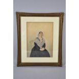 A Framed 19th Century Watercolour Portrait of Seated Lady in Mourning, 25cm high