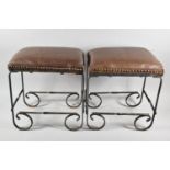 A Pair of Rectangular Wrought Iron Based Stools, 33cm Long