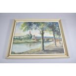 A Framed Oil on Board Depicting Bridge Over River with Church in Distance, 34cm wide