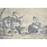 A Framed Sketch Depicting Seated Girl with Basket of Fish and Boy with Donkey and Dog, Dated 1853