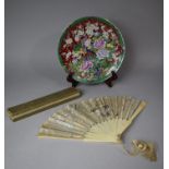 An Oriental Plate Decorated with Exotic Bird, Chip to Rim Together with Vintage Fan Decorated with
