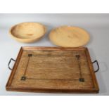 Two Treen Bowls and an Inlaid Oak Rectangular Tray, 51cm Wide