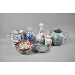 A Collection of Oriental Ceramics to Include Three Vases, Tankard, Teapot etc